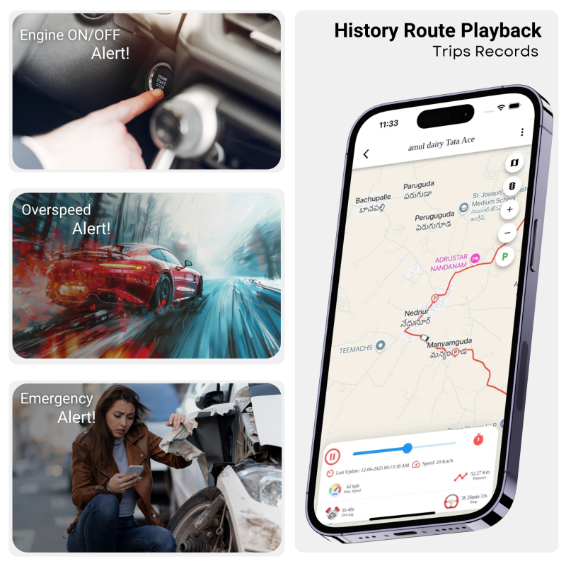 GPS Tracker for Bike, Car, Scotty, Truck, Bus Electric Vehicles GPS Device Real-Time Tracking with ignition, Overspeed, Geo-fence, Parking Alerts)